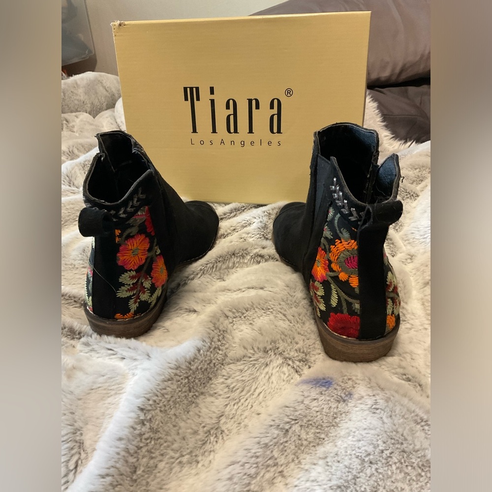 Bohemian black suede embroidered open toe ankle booties, Tiara brand peek toe